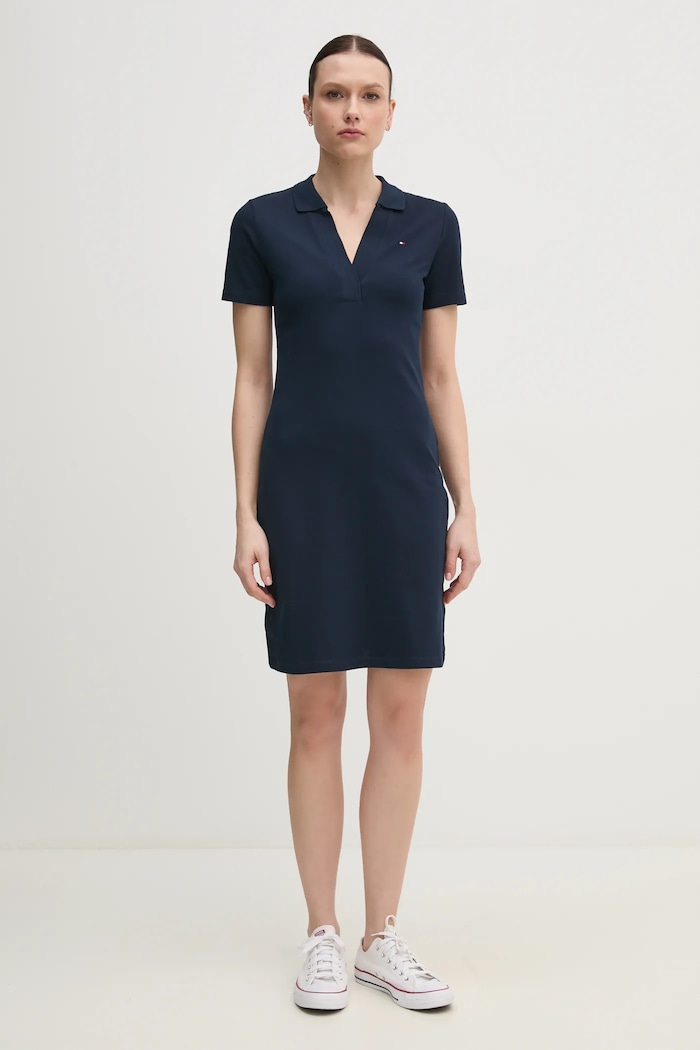 Tommy Hilfiger šaty bavlnené s elastanom WW0WW42567 tmavomodrá SS26