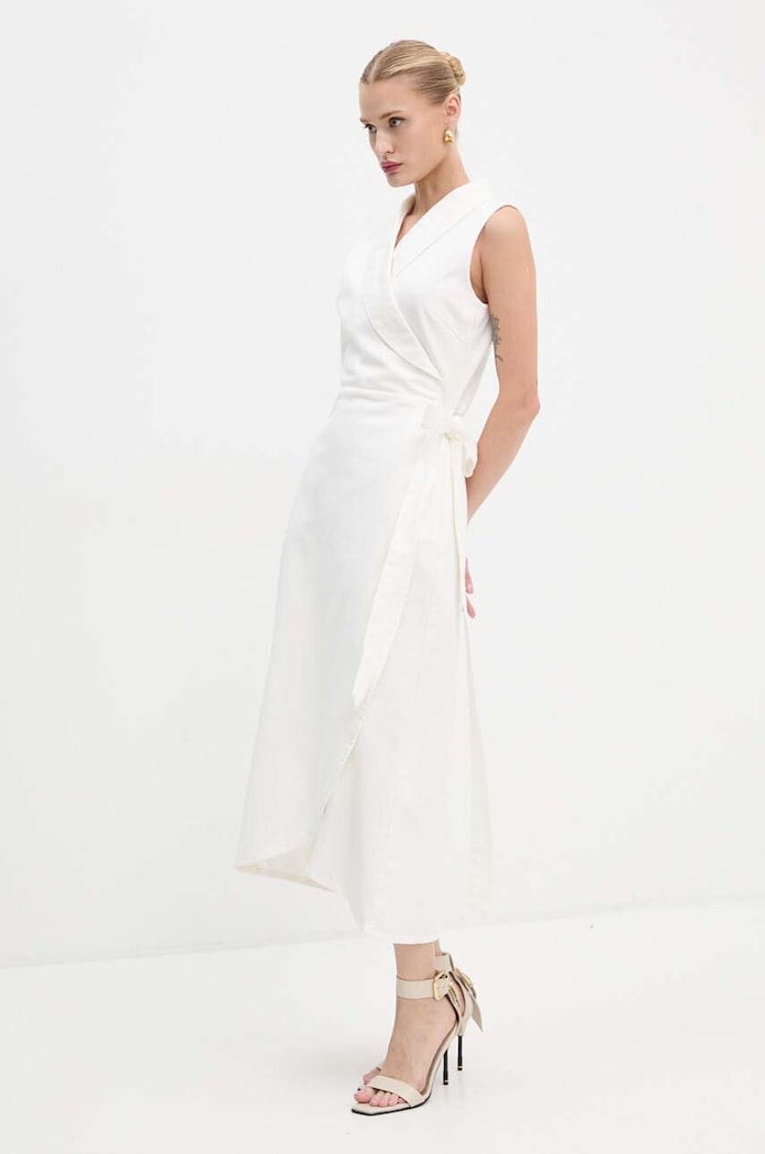 Never Fully Dressed rochie din denim Brooklyn midi bej NFDDR1501