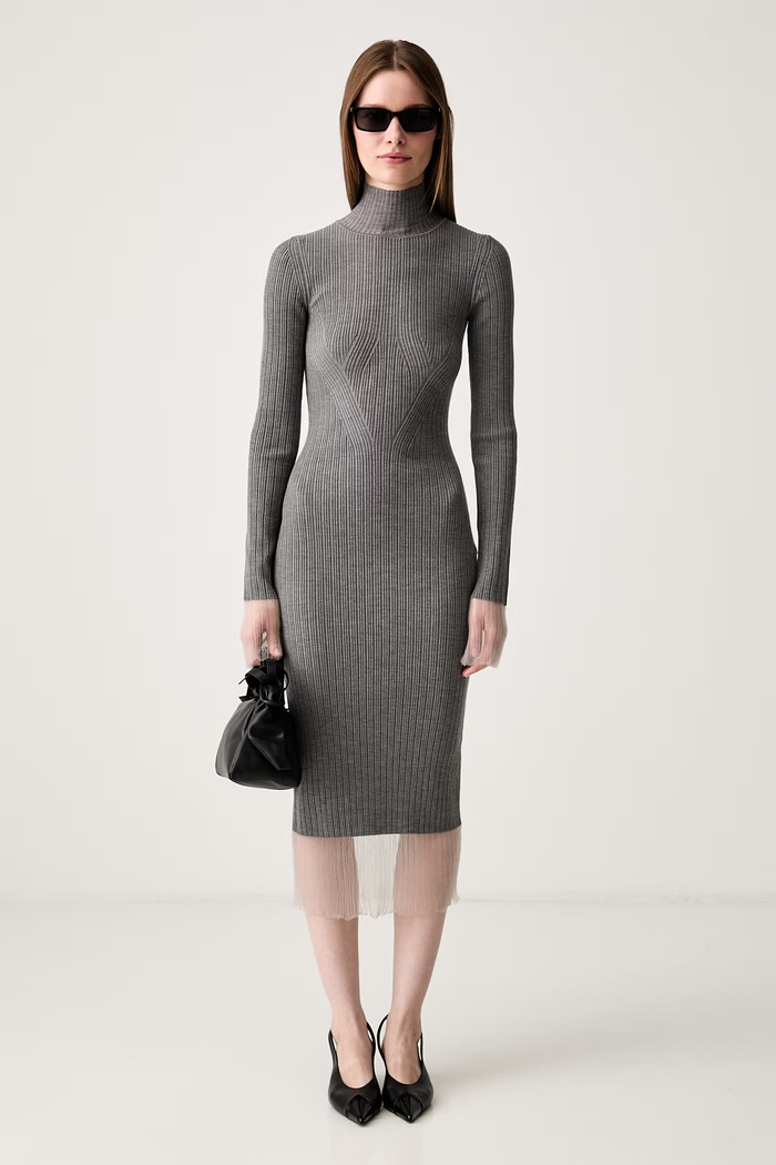Sportmax Alibi рокля тип пуловер с изчистена шарка с вълна 2422326022600 сив