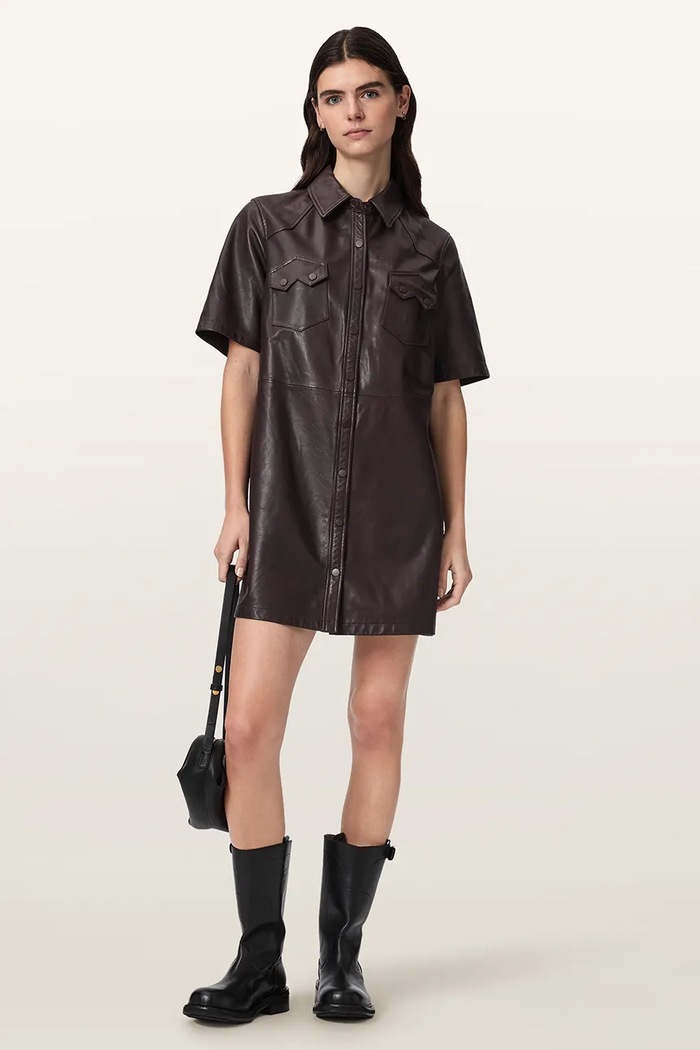 Odzież AllSaints Sukienka skórzana ROCK DRESS W287DB bordowy