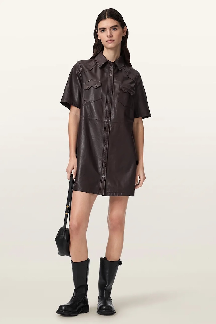 Odzież AllSaints Sukienka skórzana ROCK DRESS W287DB bordowy