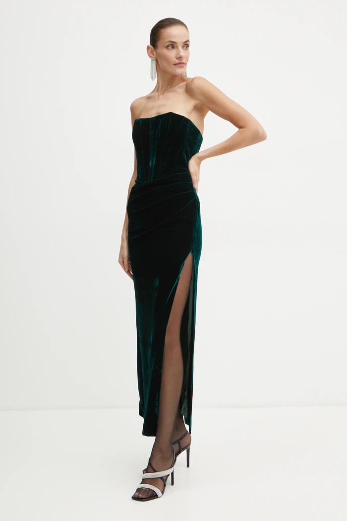 Bardot sukienka welurowa EVERLASTING z elastanem zielony 58082DB4