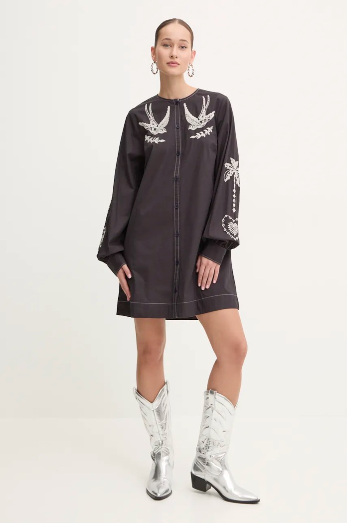 Памучна рокля Never Fully Dressed EmbroideSwallow Roamnce Mini Dress NFDDR1573 черен AW24