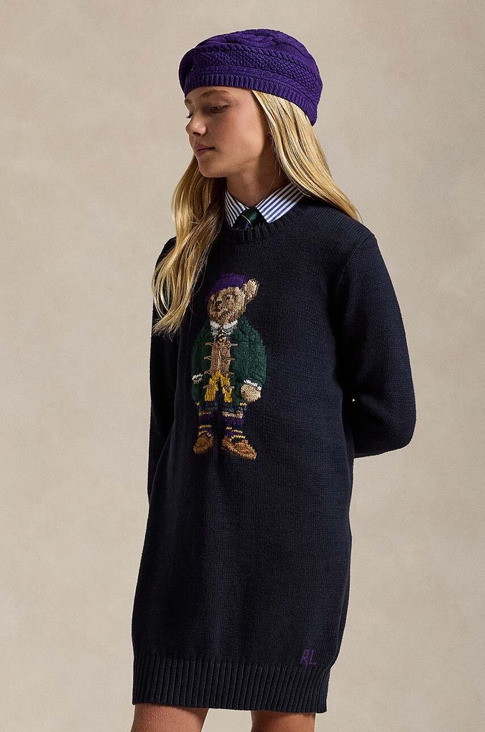 Παιδικό βαμβακερό φόρεμα Polo Ralph Lauren εμπριμέ σκούρο μπλε 313950801001
