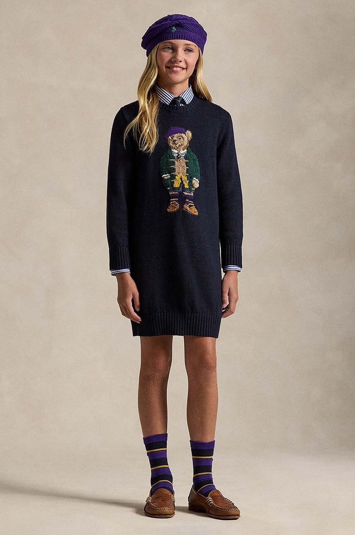 Παιδικό βαμβακερό φόρεμα Polo Ralph Lauren 313950801001 σκούρο μπλε