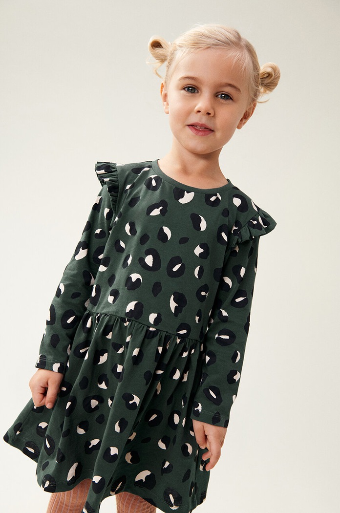Otroška bombažna obleka Liewood Lima Printed Frill Longsleeve Dress Mini zelena LW19484
