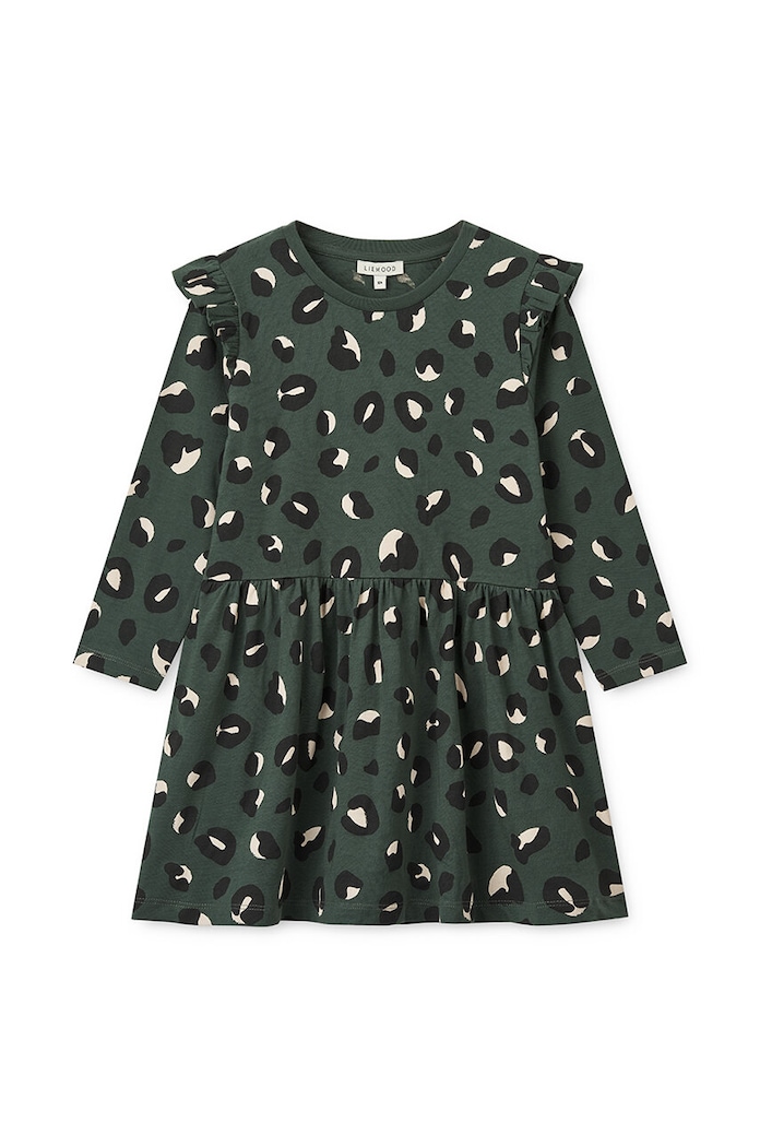 Otroška bombažna obleka Liewood Lima Printed Frill Longsleeve Dress LW19484 zelena AW24