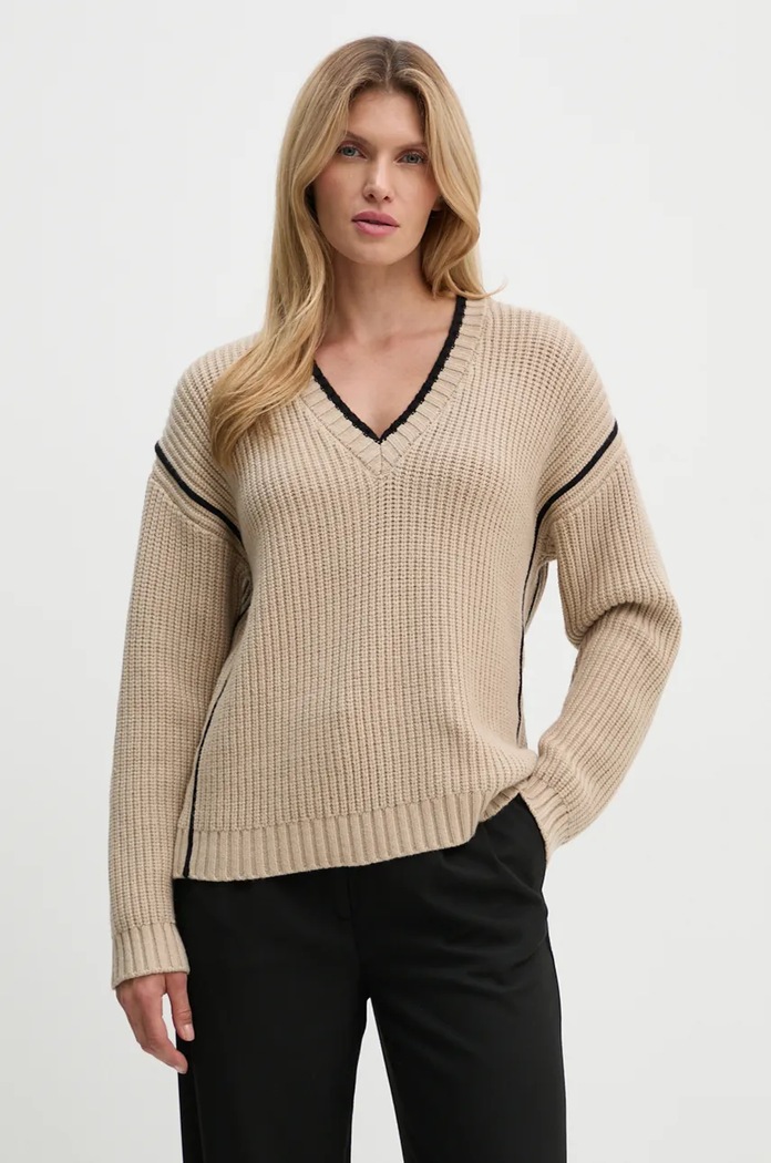 Svetr Bruuns Bazaar SimonaBBBenia knit V výstřih béžová BBW4100
