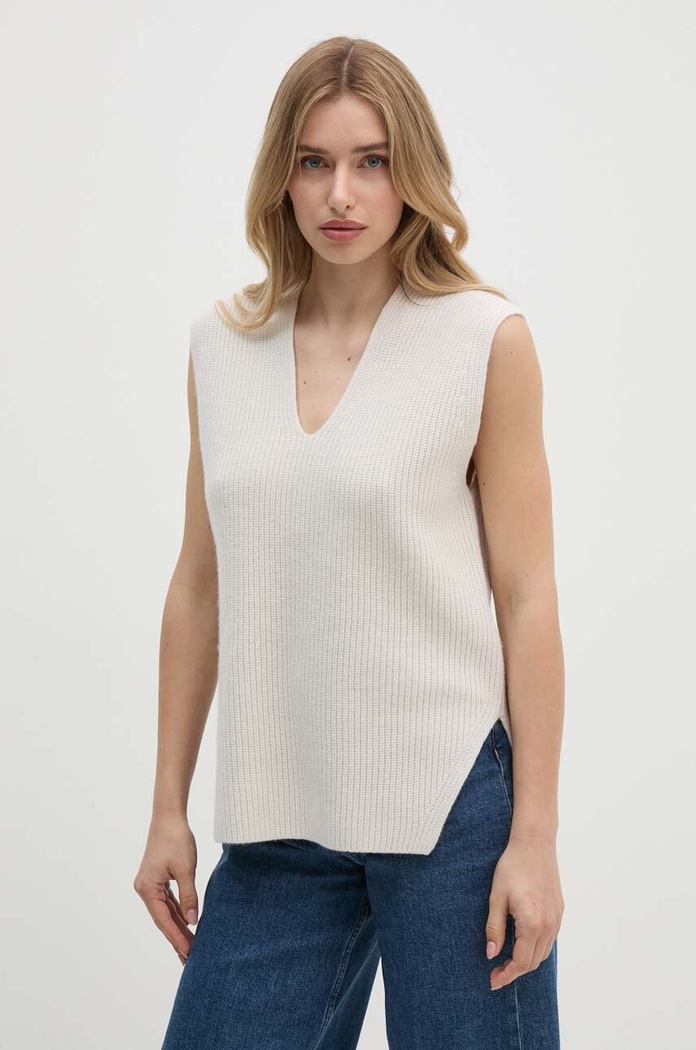 Vlněná vesta Calvin Klein V výstřih béžová K20K207249