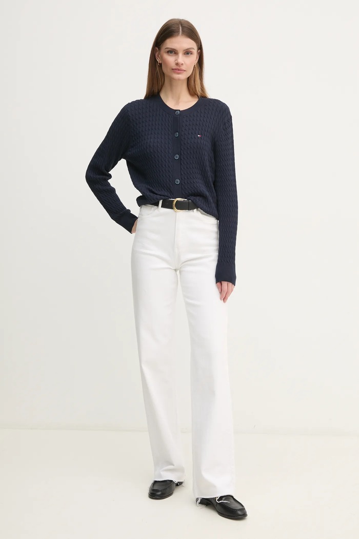 Tommy Hilfiger cardigan pentru femei din bumbac WW0WW43329 bleumarin SS26