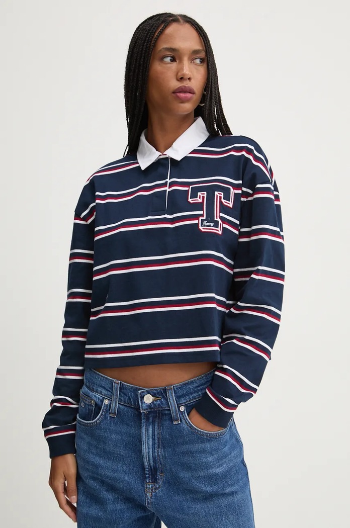 Bavlněné tričko s dlouhým rukávem Tommy Jeans pruhy námořnická modř DW0DW18498