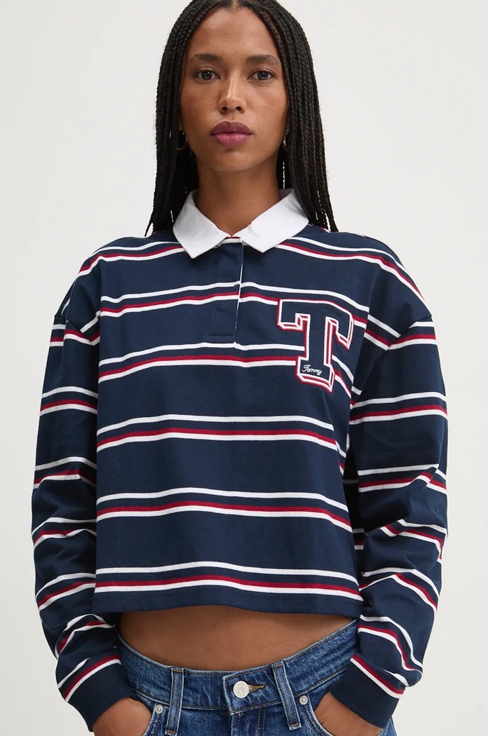 Bavlněné tričko s dlouhým rukávem Tommy Jeans námořnická modř DW0DW18498