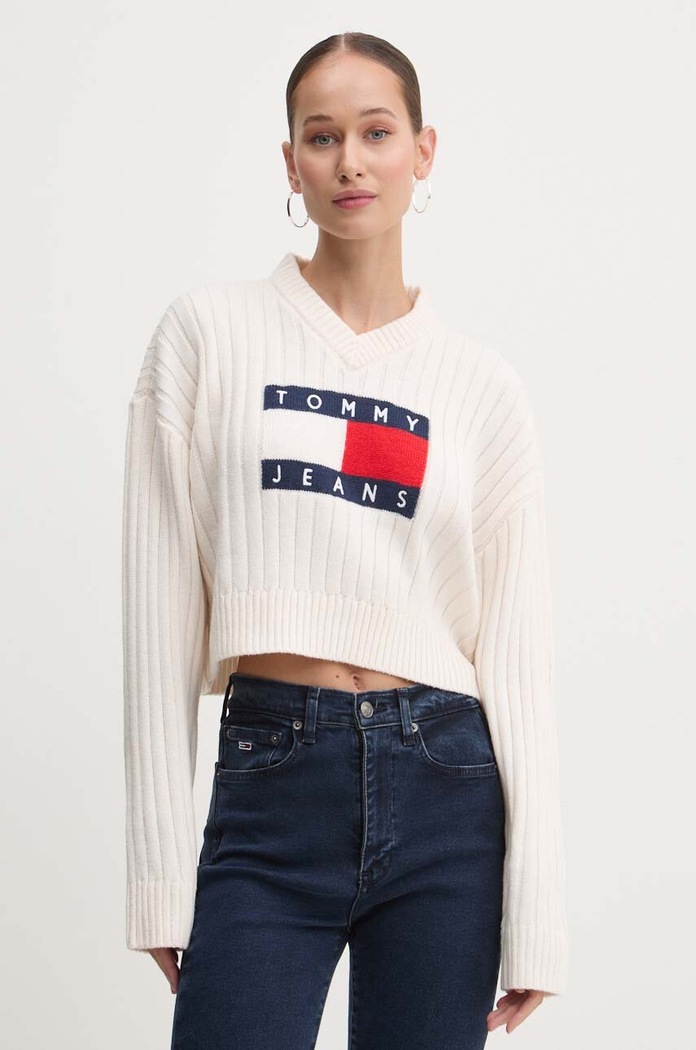 Svetr Tommy Jeans V výstřih béžová DW0DW18528