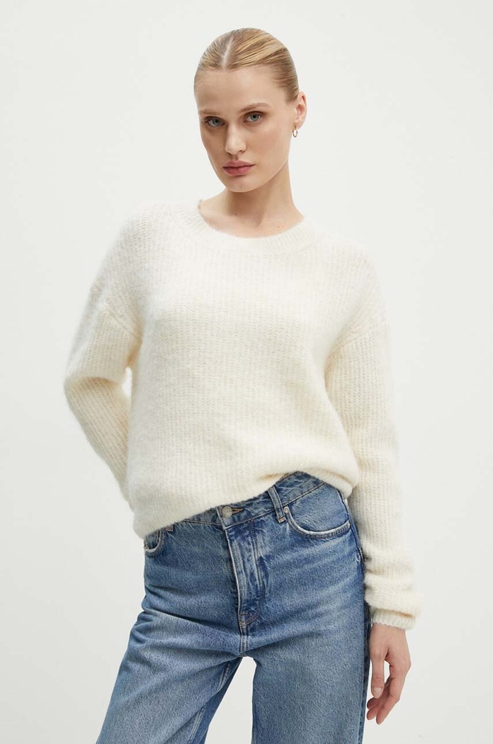 American Vintage sweter z domieszką wełny okrągły beżowy EAST18FCH24