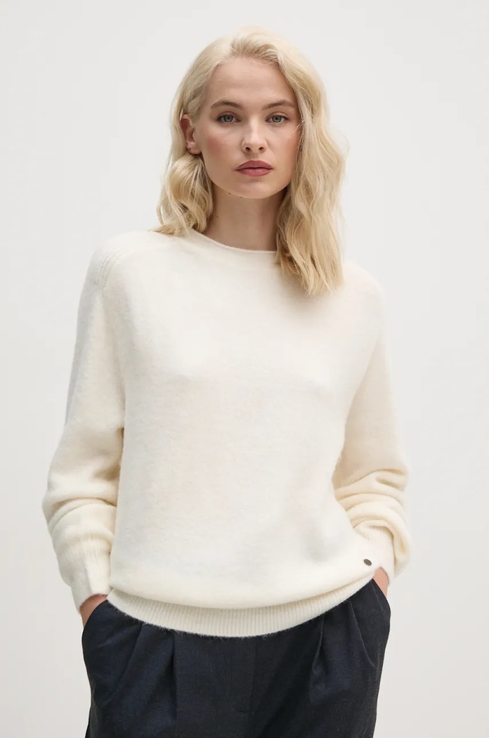 Svetr z vlněné směsi Pepe Jeans IRMA CREW NECK kulatý béžová PL702192