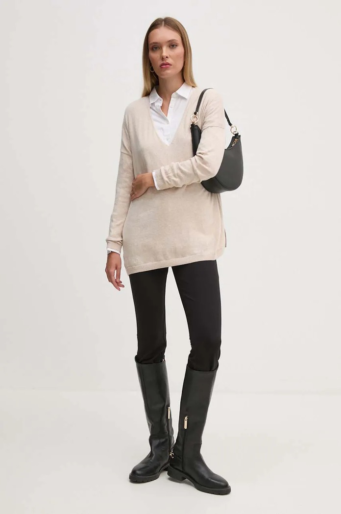 Pepe Jeans sweter z domieszką wełny ISELA V-NECK PL702220 beżowy AW24
