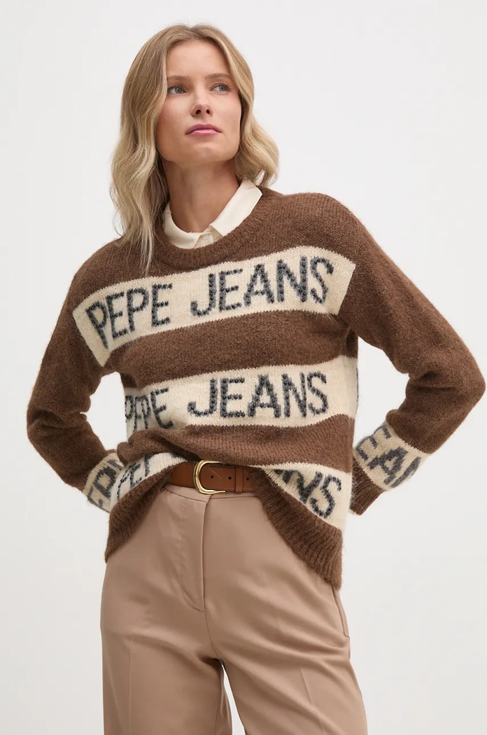 Pepe Jeans gyapjúkeverék pulóver HELMI barna PL702226
