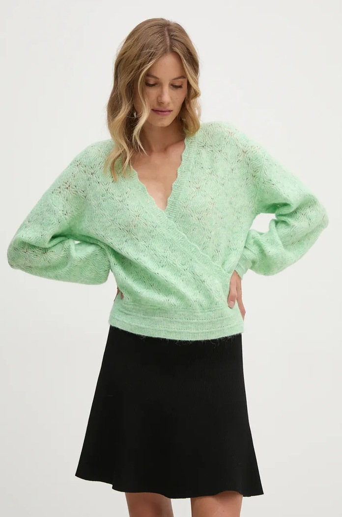 Svetr z vlněné směsi Pepe Jeans HELEN WRAP směs zelená PL702231