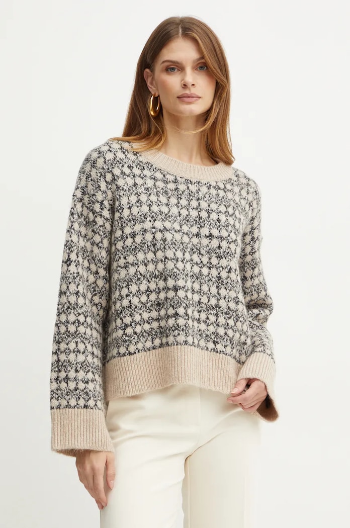 BOSS sweter z domieszką wełny okrągły beżowy 50523729
