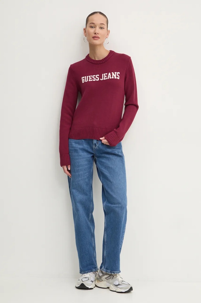 Памучен пуловер Guess Jeans W4BR10.Z3HM1 бордо SS26