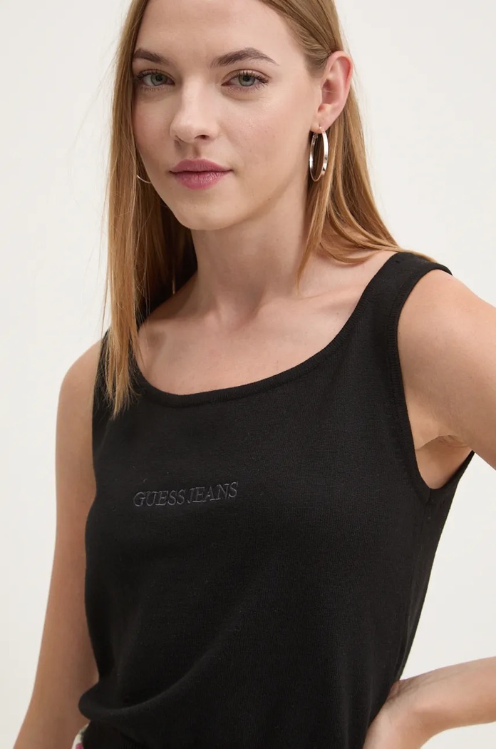 Guess Jeans top z domieszką jedwabiu aplikacja czarny W4BR17.Z3HO2