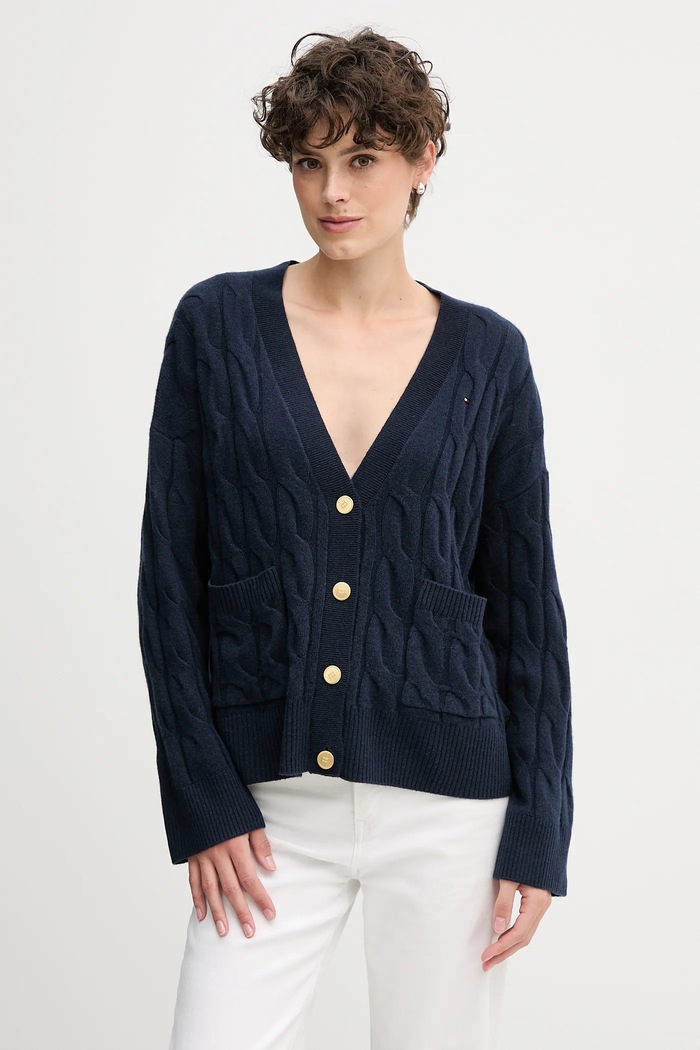 Tommy Hilfiger gyapjú kardigán sima sötétkék WW0WW43089