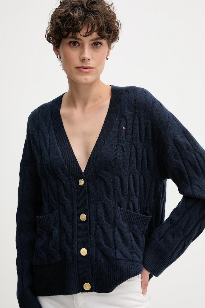 Tommy Hilfiger gyapjú kardigán sötétkék WW0WW43089