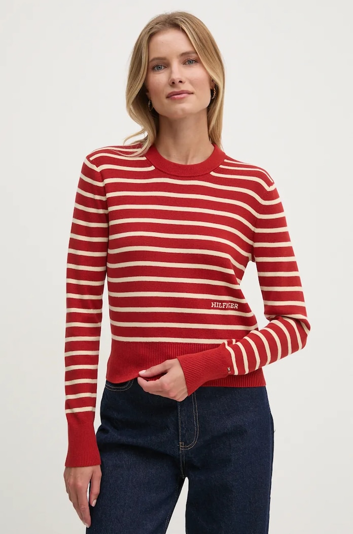 Bavlněný svetr Tommy Hilfiger kulatý červená WW0WW43506