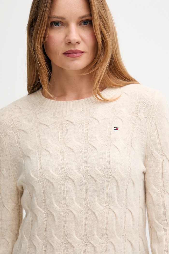 Вълнен пуловер Tommy Hilfiger бежов WW0WW43586