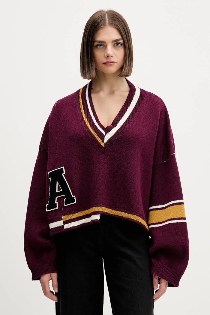 AMBUSH sweter wełniany Damaged Rib V Neck Sweater szpic bordowy BWHD002F24KNI0012846