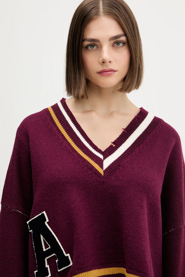AMBUSH sweter wełniany Damaged Rib V Neck Sweater bordowy BWHD002F24KNI0012846