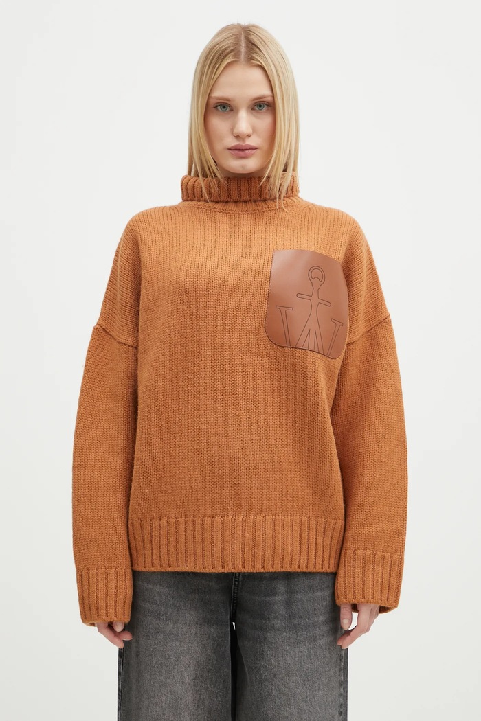 Vlněný svetr JW Anderson Leather Patch Pocket Jumper nášivka oranžová KW1292.YN0367.619