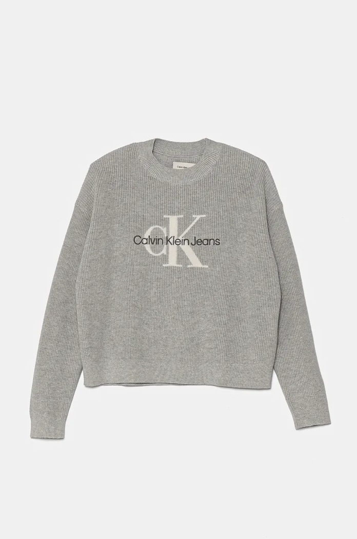 Детски памучен пуловер Calvin Klein Jeans тънък сив IG0IG02647.9BYH.