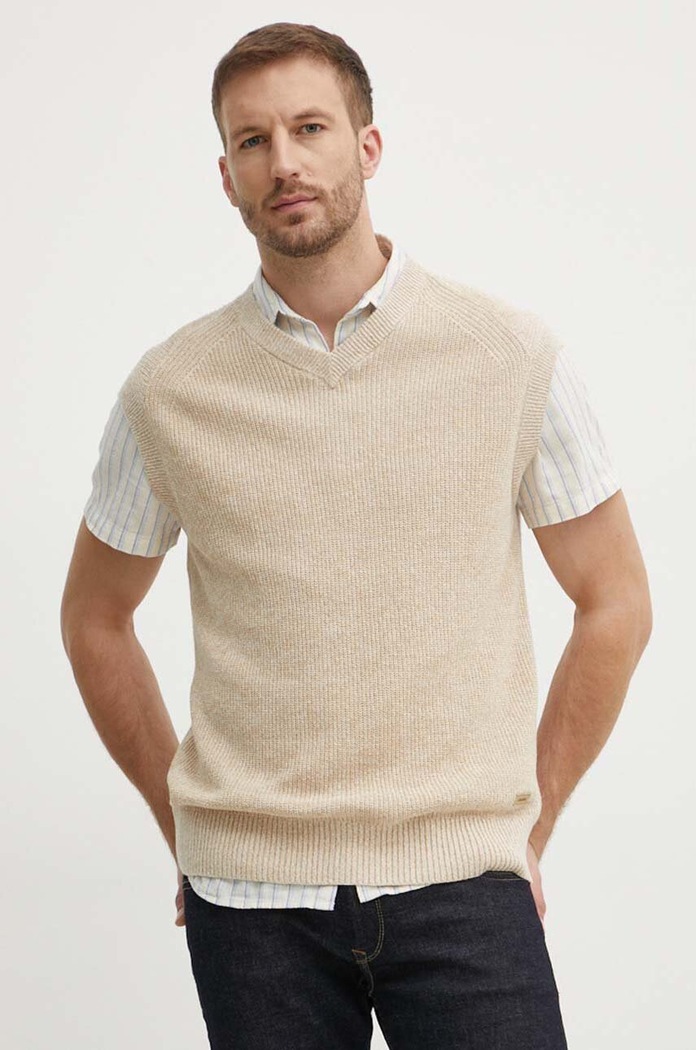 Ľanová vesta Calvin Klein V výstrih béžová K10K113494