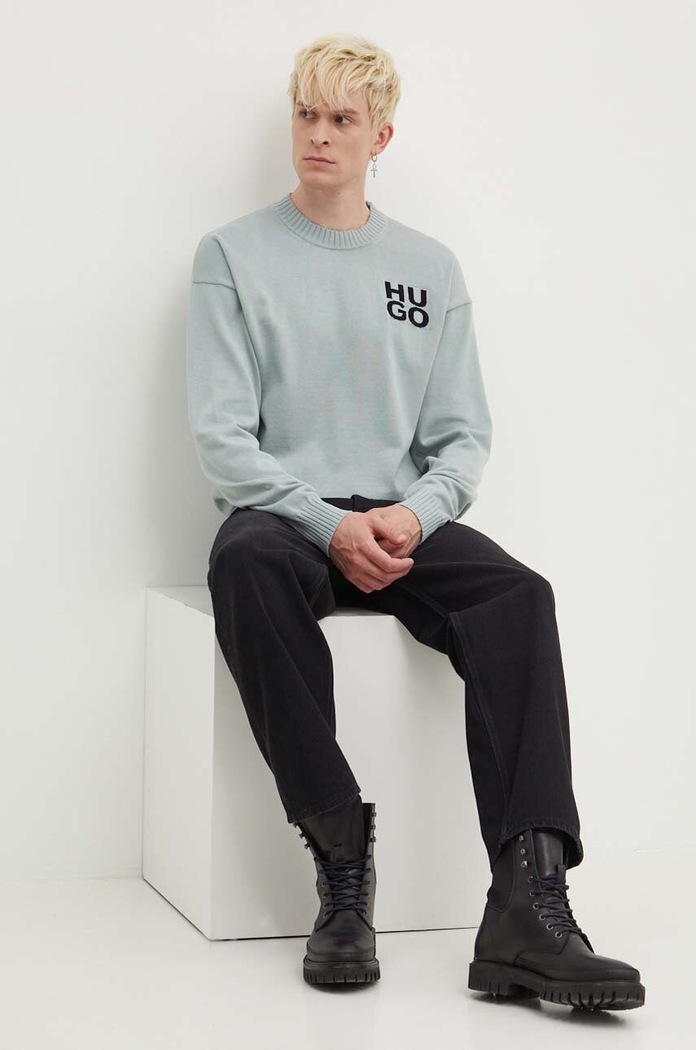 HUGO pulover de bumbac 50516617 albastru AW24