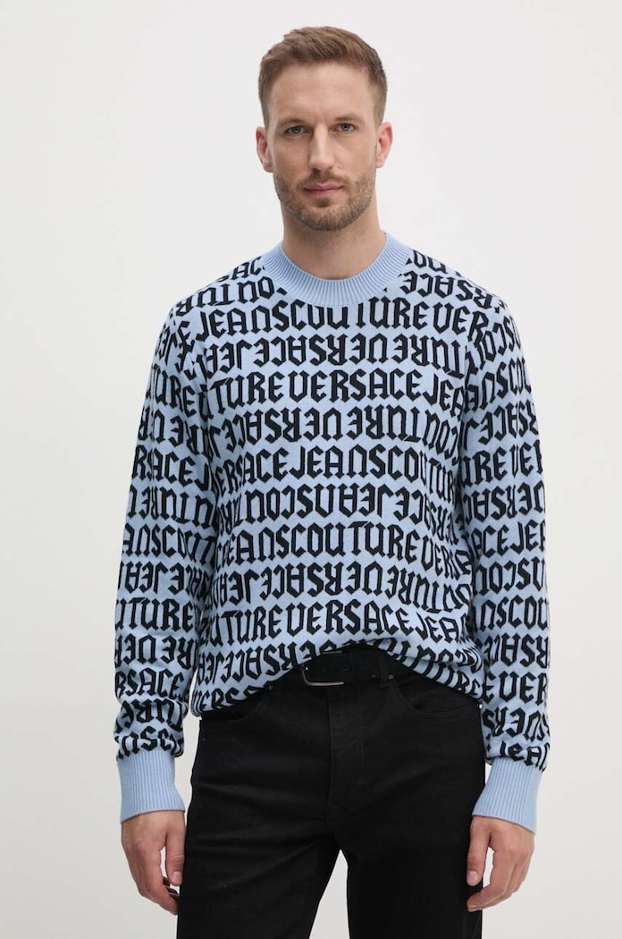 Μάλλινο πουλόβερ Versace Jeans Couture λεπτό μπλε 77GAFM03.CMN91