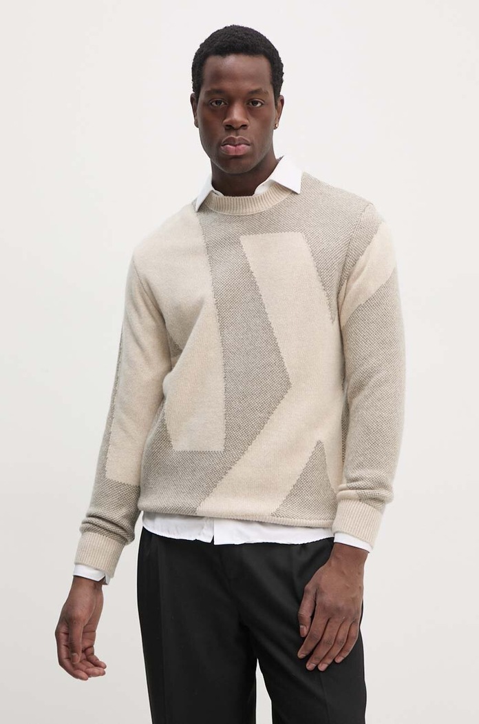 Armani Exchange sweter wełniany okrągły beżowy 6DZM2Q.ZM4QZ