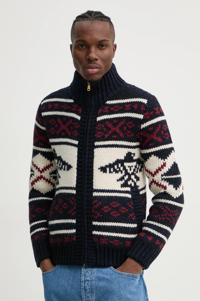 Superdry kardigan z domieszką wełny z domieszką wełny granatowy M6110591A.4BL