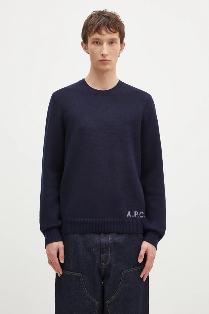 A.P.C. sweter wełniany Pull Edward okrągły granatowy WVBDJ.H23059