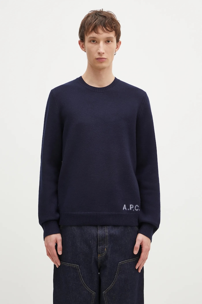 A.P.C. sweter wełniany Pull Edward okrągły granatowy WVBDJ.H23059