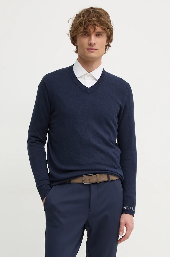 Pulover s dodatkom vune Pepe Jeans NEW ANDRE V NECK bez uzorka mornarsko plava PM702468