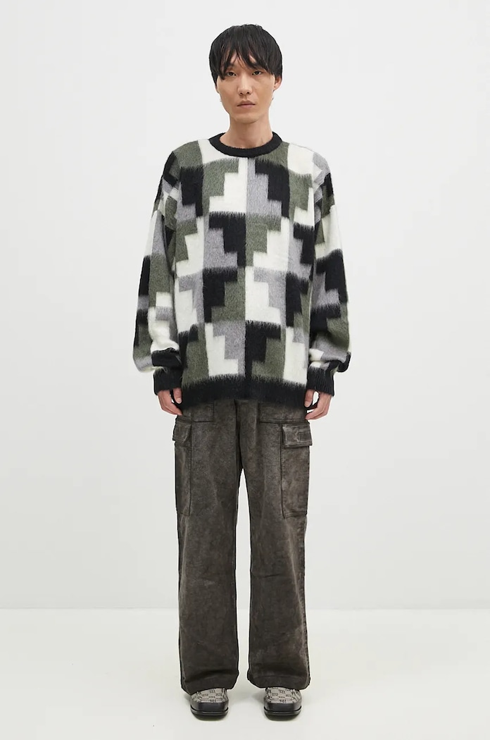 pulover s dodatkom mohera Marcelo Burlon AOP Damier Cross Knit Crew CMHE036F24KNI001066E siva