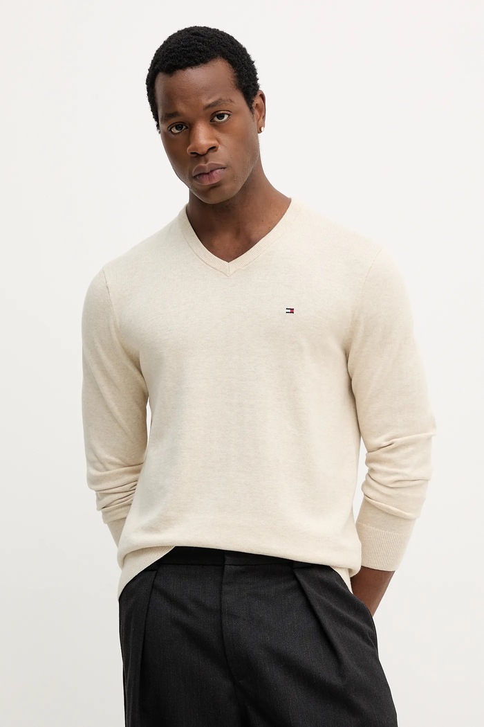 Tommy Hilfiger sweter męski bawełniany bawełna beżowy MW0MW14745