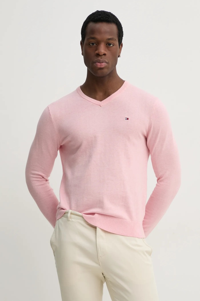 Tommy Hilfiger svetr pánský bavlněný V výstřih růžová MW0MW14745