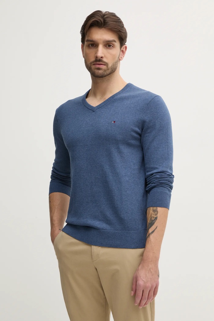 Tommy Hilfiger pulover moški bombažen Tanka modra MW0MW14745