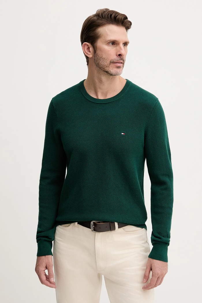 Tommy Hilfiger pulover bărbătesc din bumbac turcoaz MW0MW36347