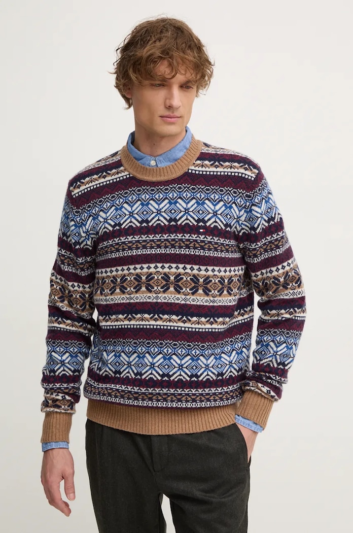 Vlněný svetr Tommy Hilfiger kulatý burgundské MW0MW37026