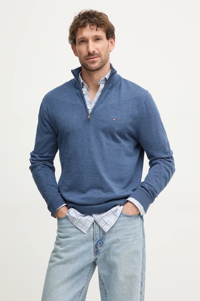 Tommy Hilfiger Πουλόβερ ανδρικό βαμβακερό μπλε MW0MW37331