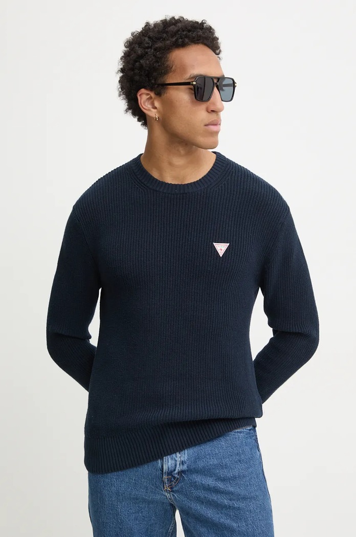 Bavlněný svetr Guess Jeans kulatý námořnická modř M4BR30.Z3HM1