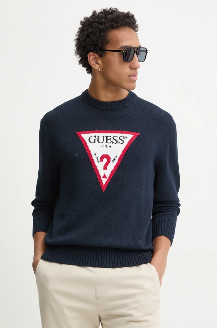 Bavlněný svetr Guess Jeans kulatý námořnická modř M4BR32.Z3HM1